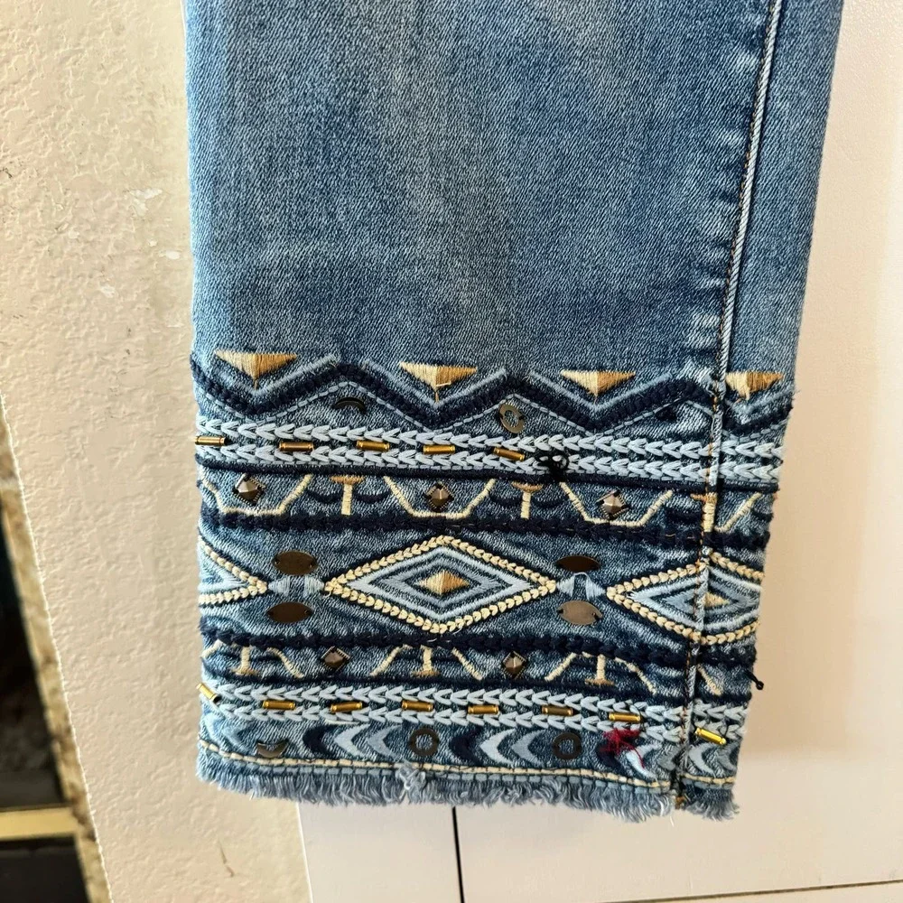 DRIFTWOOD Blue Cropped Jeans with Aztec Embroidered Cuffs